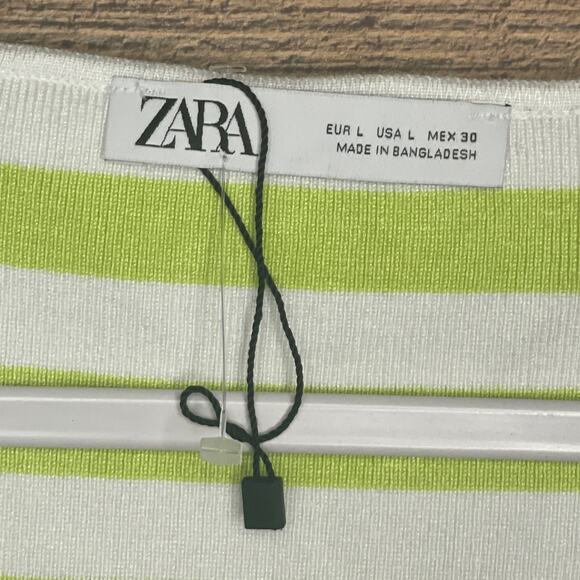 NEW ZARA Striped Square Neck Crop Top Short Sleeve Neon Green White Size Large - Picture 2 of 9